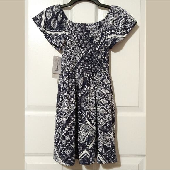 Speechless Girls Boho Navy & White Flutter Sleeve Smocked Dress, Size 8, New - Picture 4 of 6